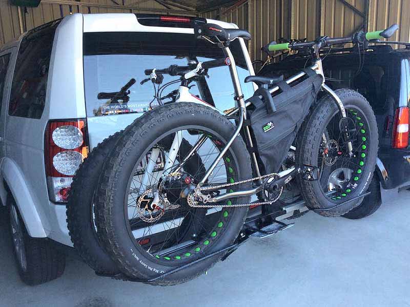 Example of an ISI Extreme Duty Mid Beam Fat Bike Carrier (40mm & 50mm Pivot Bases) used on a Suzuki Jimny & Land Rover Discovery