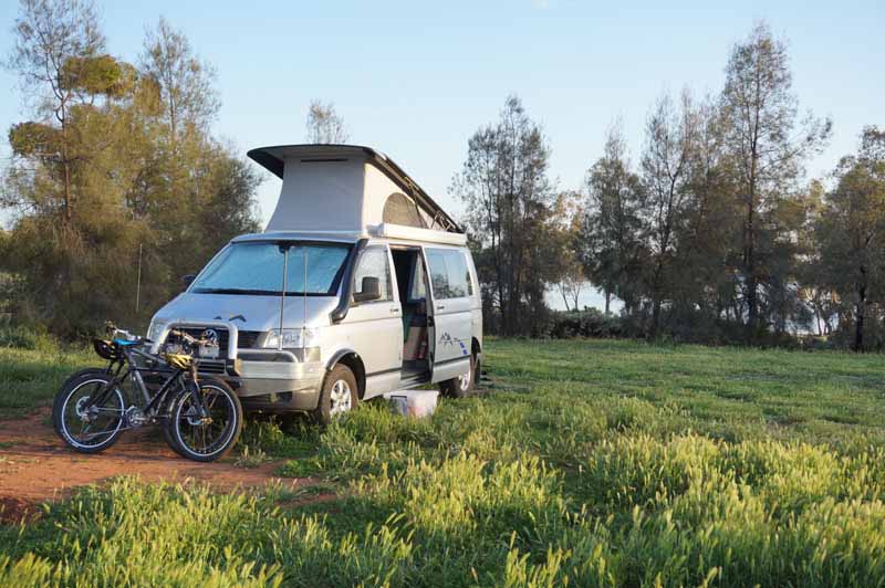 Example of an ISI Extreme Duty Off-Road Bicycle Carrier - Compact Beam used on a VW T5 Transporter Trakka campervan