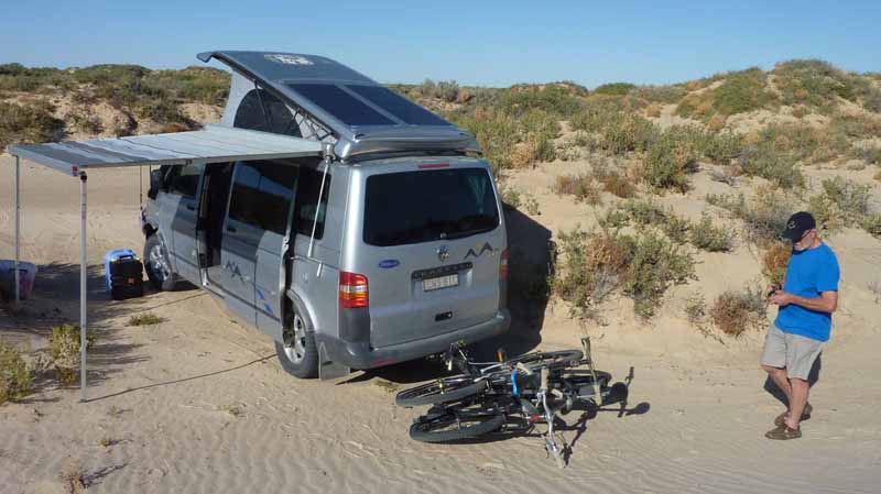 Example of an ISI Extreme Duty Off-Road Bicycle Carrier - Compact Beam used on a VW T5 Transporter Trakka campervan