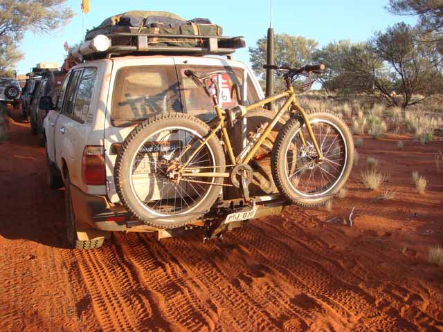 Example of an ISI Extreme Duty Mid Length Model Bicycle Carrier used on a Toyota Land Cruiser 60 Series