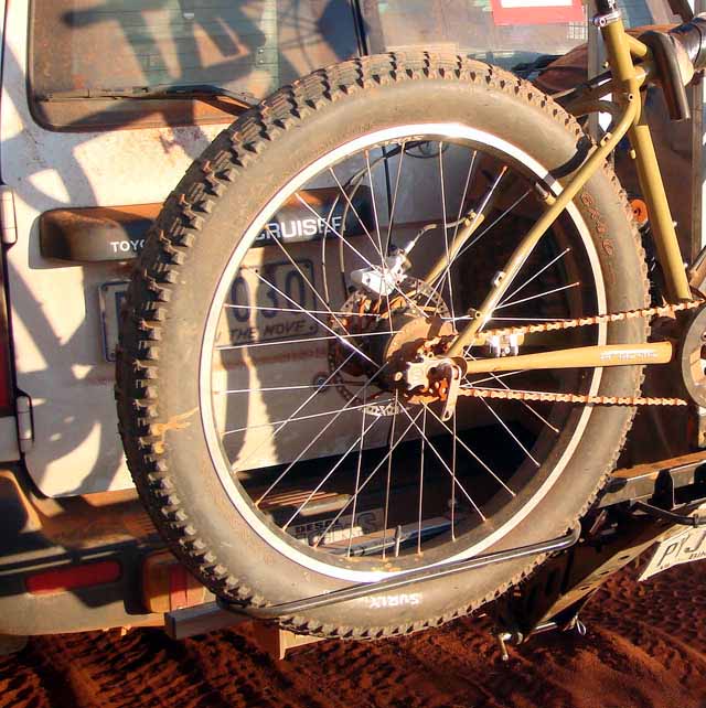 Example of an ISI Extreme Duty Mid Length Model Bicycle Carrier used on a Toyota Land Cruiser 60 Series