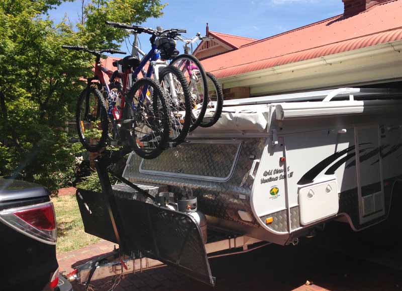 Example of an ISI 4x4x4/-700/25 Off-Road Bicycle Carrier used on a Mazda BT-50 & GoldstreamRV Vacationer RL Camper