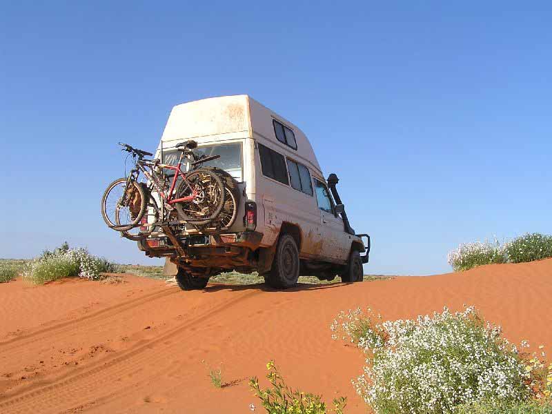 Example of an ISI Extreme Duty Extended-Length Bike Carrier used on a Toyota Land Cruiser travelling through outback Australia