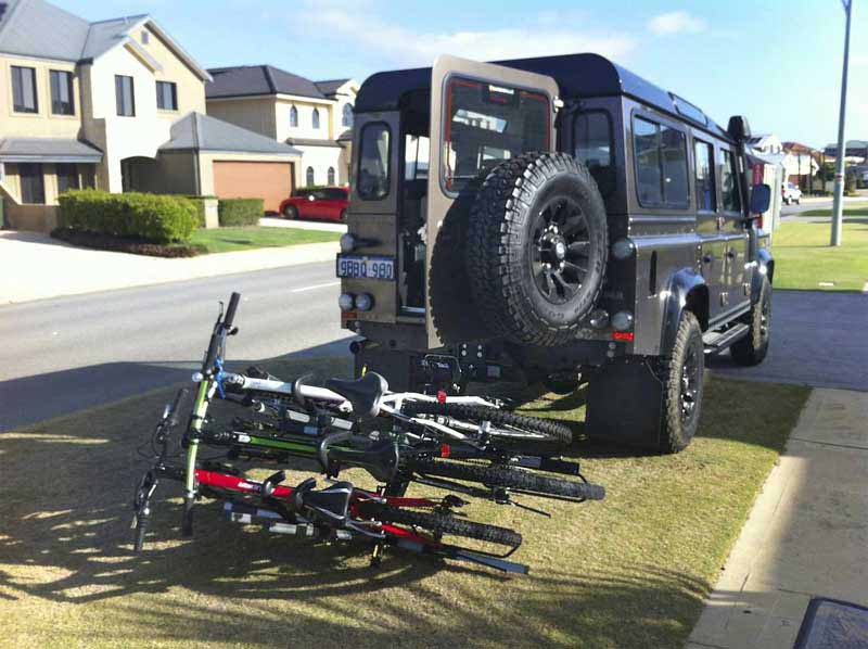 Example of an ISI 4x4x4 Extended Beam Bicycle Carrier used on a Land Rover Defender